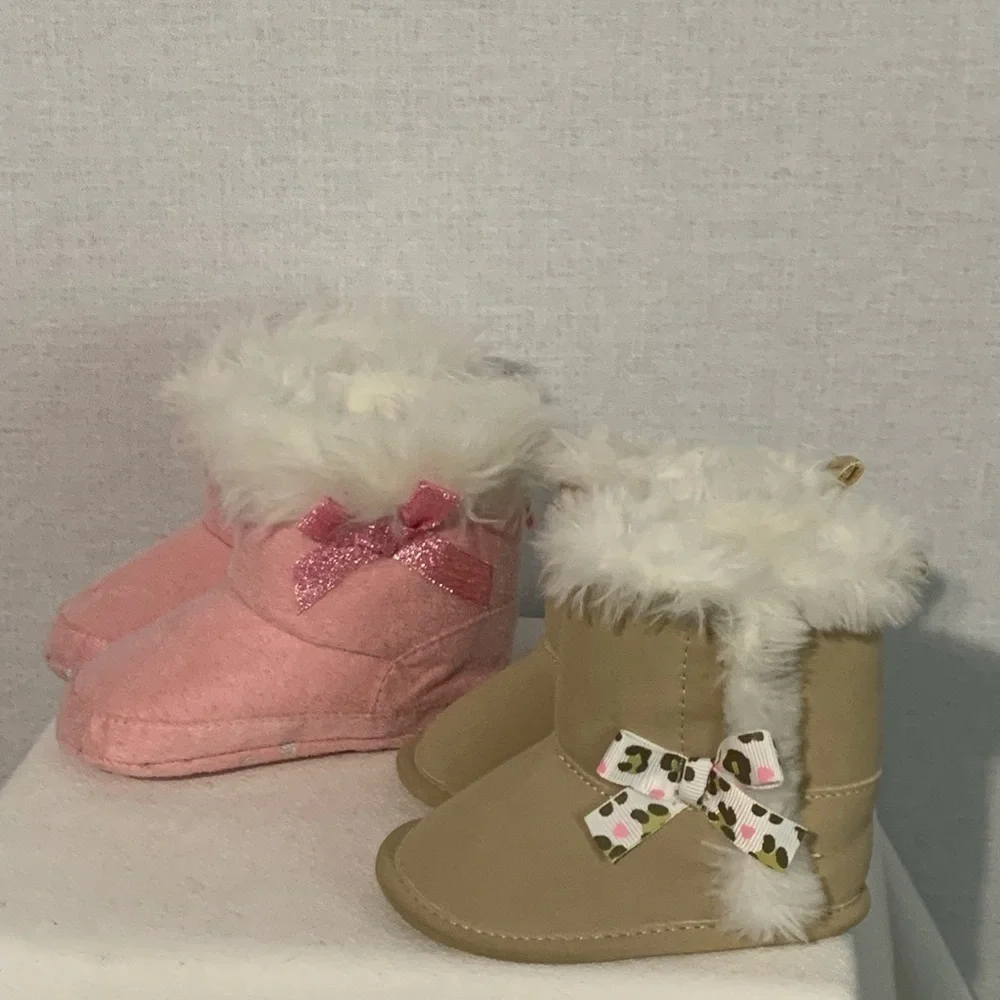 Infant Shoes Sz 3 Suede Boots Faux Fur Bows Hook & Loop Closure 2 Pair Soft Sole
